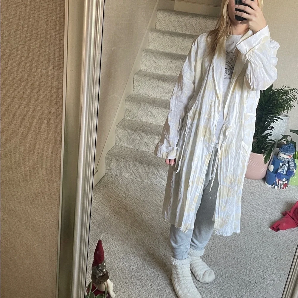 FLAX Elegant White Floral Pure Linen Women's Robe